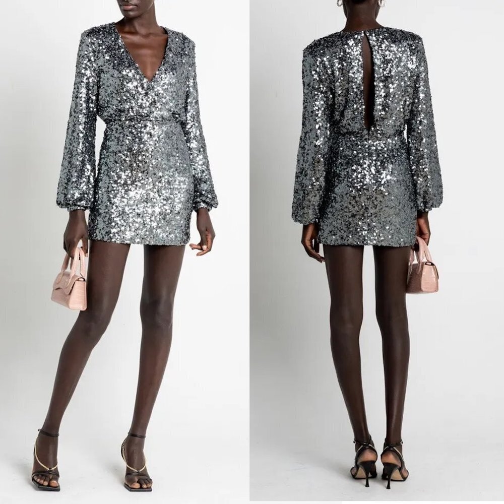 NWT New O.P.T. Rumi Gunmetal Silver Sequin Mini Dress XS